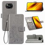 For Xiaomi Poco X3 NFC Four-leaf Clasp Embossed Buckle Mobile Phone Protection Leather Case with Lanyard & Card Slot & Wallet & Bracket Function(Grey)