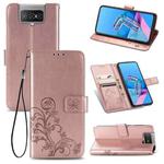 For Asus Zenfone 7 / 7 Pro  Four-leaf Clasp Embossed Buckle Mobile Phone Protection Leather Case with Lanyard & Card Slot & Wallet & Bracket Function(Rose Gold)