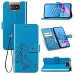 For Asus Zenfone 7 / 7 Pro  Four-leaf Clasp Embossed Buckle Mobile Phone Protection Leather Case with Lanyard & Card Slot & Wallet & Bracket Function(Blue)
