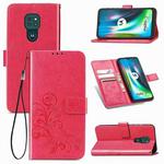 For Motorola Moto G9 Play Four-leaf Clasp Embossed Buckle Mobile Phone Protection Leather Case with Lanyard & Card Slot & Wallet & Bracket Function(Magenta)