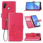 For Oppo A53 2020 Four-leaf Clasp Embossed Buckle Mobile Phone Protection Leather Case with Lanyard & Card Slot & Wallet & Bracket Function(Magenta)