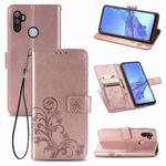 For Oppo A53 2020 Four-leaf Clasp Embossed Buckle Mobile Phone Protection Leather Case with Lanyard & Card Slot & Wallet & Bracket Function(Rose Gold)