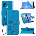 For Oppo A53 2020 Four-leaf Clasp Embossed Buckle Mobile Phone Protection Leather Case with Lanyard & Card Slot & Wallet & Bracket Function(Blue)