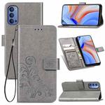 For Oppo Reno4 4G Four-leaf Clasp Embossed Buckle Mobile Phone Protection Leather Case with Lanyard & Card Slot & Wallet & Bracket Function(Gray)