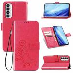 For Oppo Reno4 Pro 4G Four-leaf Clasp Embossed Buckle Mobile Phone Protection Leather Case with Lanyard & Card Slot & Wallet & Bracket Function(Magenta)