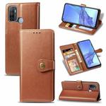 For Oppo A53 2020 Retro Solid Color Leather Buckle Phone Case with Lanyard & Photo Frame & Card Slot & Wallet & Stand Function(Brown)