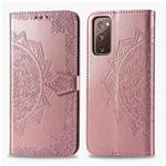 For Galaxy S20 FE / S20 Lite Mandala Flower Embossed Horizontal Flip Leather Case with Bracket / Card Slot / Wallet / Lanyard(Rose Gold)