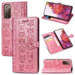 For Galaxy S20 FE / S20 Lite Cute Cat and Dog Embossed Horizontal Flip Leather Case with Bracket / Card Slot / Wallet / Lanyard(Pink)