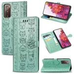 For Galaxy S20 FE / S20 Lite Cute Cat and Dog Embossed Horizontal Flip Leather Case with Bracket / Card Slot / Wallet / Lanyard(Green)