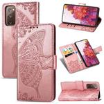 For Galaxy S20 FE / S20 Lite Butterfly Love Flower Embossed Horizontal Flip Leather Case with Bracket / Card Slot / Wallet / Lanyard(Rose Gold)