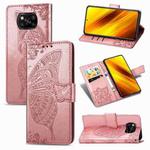 For Xiaomi Poco X3 NFC Butterfly Love Flower Embossed Horizontal Flip Leather Case with Bracket / Card Slot / Wallet / Lanyard(Rose Gold)