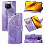 For Xiaomi Poco X3 NFC Butterfly Love Flower Embossed Horizontal Flip Leather Case with Bracket / Card Slot / Wallet / Lanyard(Light Purple)