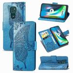For Moto G9 Play Butterfly Love Flower Embossed Horizontal Flip Leather Case with Bracket / Card Slot / Wallet / Lanyard(Blue)