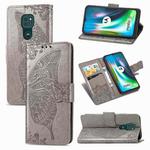 For Moto G9 Play Butterfly Love Flower Embossed Horizontal Flip Leather Case with Bracket / Card Slot / Wallet / Lanyard(Gray)