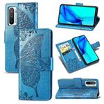 For Huawei Honor Play 4 Butterfly Love Flower Embossed Horizontal Flip Leather Case with Bracket / Card Slot / Wallet / Lanyard(Blue)