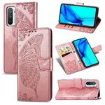 For Huawei Honor Play 4 Butterfly Love Flower Embossed Horizontal Flip Leather Case with Bracket / Card Slot / Wallet / Lanyard(Rose Gold)