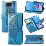 For Asus Zenfone 7 Pro ZS671KS Butterfly Love Flower Embossed Horizontal Flip Leather Case with Bracket / Card Slot / Wallet / Lanyard(Blue)