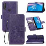 For  Alcatel 1S (2020) Four-leaf Clasp Embossed Buckle Mobile Phone Protection Leather Case with Lanyard & Card Slot & Wallet & Holder Function(Purple)