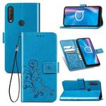 For  Alcatel 1S (2020) Four-leaf Clasp Embossed Buckle Mobile Phone Protection Leather Case with Lanyard & Card Slot & Wallet & Holder Function(Blue)