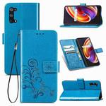 For OPPO Realme X7 Pro Four-leaf Clasp Embossed Buckle Mobile Phone Protection Leather Case with Lanyard & Card Slot & Wallet & Bracket Function(Blue)