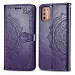 For Motorola Moto G9 Plus Embossed Mandala Pattern TPU + PU Horizontal Flip Leather Case with Holder & Three Card Slots & Wallet(Purple)
