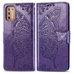 For Motorola Moto G9 Plus Butterfly Love Flower Embossed Horizontal Flip Leather Case with Bracket / Card Slot / Wallet / Lanyard(Dark Purple)