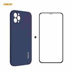 For iPhone 12 Pro Hat-Prince ENKAY ENK-PC0692 Liquid Silicone Straight Edge Shockproof Case + 0.26mm 9H 2.5D Full Glue Tempered Glass Film(Dark Blue)