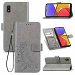 For Samsung Galaxy A21 (JP Version) Four-leaf Clasp Embossed Buckle Mobile Phone Protection Leather Case with Lanyard & Card Slot & Wallet & Bracket Function(Gray)