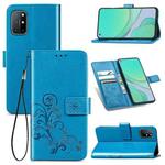 For OnePlus 8T Four-leaf Clasp Embossed Buckle Mobile Phone Protection Leather Case with Lanyard & Card Slot & Wallet & Bracket Function(Blue)