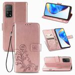 For Xiaomi Mi 10T / Redmi K30S Four-leaf Clasp Embossed Buckle Mobile Phone Protection Leather Case with Lanyard & Card Slot & Wallet & Bracket Function(Rose Gold)