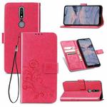 For Nokia 2.4 Four-leaf Clasp Embossed Buckle Mobile Phone Protection Leather Case with Lanyard & Card Slot & Wallet & Bracket Function(Magenta)
