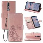 For Nokia 2.4 Four-leaf Clasp Embossed Buckle Mobile Phone Protection Leather Case with Lanyard & Card Slot & Wallet & Bracket Function(Rose Gold)