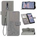 For Nokia 2.4 Four-leaf Clasp Embossed Buckle Mobile Phone Protection Leather Case with Lanyard & Card Slot & Wallet & Bracket Function(Gray)