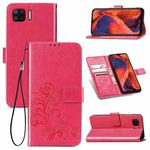For OPPO F17 Four-leaf Clasp Embossed Buckle Mobile Phone Protection Leather Case with Lanyard & Card Slot & Wallet & Bracket Function(Magenta)
