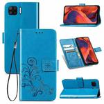 For OPPO F17 Four-leaf Clasp Embossed Buckle Mobile Phone Protection Leather Case with Lanyard & Card Slot & Wallet & Bracket Function(Blue)