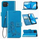 For OPPO F17 Pro Four-leaf Clasp Embossed Buckle Mobile Phone Protection Leather Case with Lanyard & Card Slot & Wallet & Bracket Function(Blue)