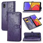 For Samsung Galaxy A21 (JP Version) Mandala Flower Embossed Horizontal Flip Leather Case with Bracket / Card Slot / Wallet / Lanyard(Purple)