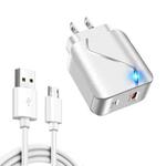 LZ-819A+C 18W QC3.0 USB + PD USB-C / Type-C Interface Travel Charger with Indicator Light + USB to Micro USB Fast Charging Data Cable Set, US Plug(White)