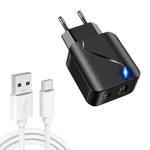 LZ-819A+C 18W QC3.0 USB + PD USB-C / Type-C Interface Travel Charger with Indicator Light + USB to USB-C / Type-C Fast Charging Data Cable Set, EU Plug(Black)