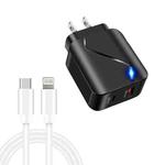 LZ-819A+C 18W QC3.0 USB + PD USB-C / Type-C Interface Travel Charger with Indicator Light + USB-C / Type-C to 8 Pin Fast Charging Data Cable Set, US Plug(Black)