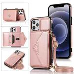 For iPhone 12 / 12 Pro Multi-functional Cross-body Card Bag TPU+PU Back Cover Case with Holder & Card Slot & Wallet(Rose Gold)