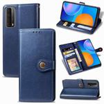For Huawei P Smart 2021 Retro Solid Color Leather Buckle Phone Case with Lanyard & Photo Frame & Card Slot & Wallet & Stand Function(Blue)