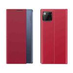 For iPhone 12 Pro Max Side Window Display Magnetic Suction Plain Grain Flip PU Leather + PC Case with Holder(Red)