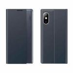 Side Window Display Magnetic Suction Plain Grain Flip PU Leather + PC Case with Holder For iPhone XS / X(Dark Blue)