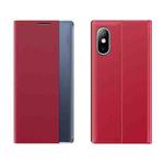 Side Window Display Magnetic Suction Plain Grain Flip PU Leather + PC Case with Holder For iPhone XS / X(Red)
