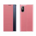 Side Window Display Magnetic Suction Plain Grain Flip PU Leather + PC Case with Holder For iPhone XS / X(Pink)