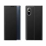 Side Window Display Magnetic Suction Plain Grain Flip PU Leather + PC Case with Holder For iPhone XR(Black)