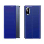 Side Window Display Magnetic Suction Plain Grain Flip PU Leather + PC Case with Holder For iPhone XR(Blue)