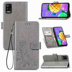 For LG K52 Four-leaf Clasp Embossed Buckle Mobile Phone Protection Leather Case with Lanyard & Card Slot & Wallet & Bracket Function(Gray)