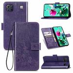 For LG K92 5G Four-leaf Clasp Embossed Buckle Mobile Phone Protection Leather Case with Lanyard & Card Slot & Wallet & Bracket Function(Purple)